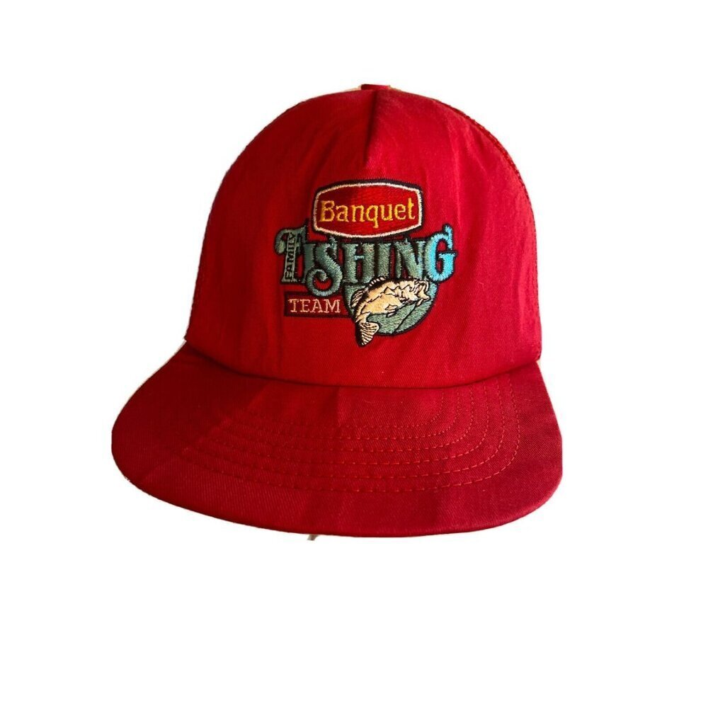 Banquet Fishing Team Red Embroidered Snapback Mesh Trucker Hat